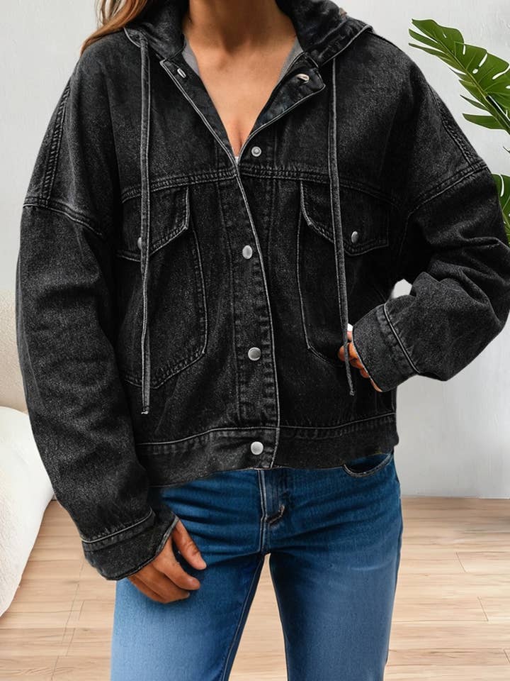 Veste en jean à capuche avec grande poche poitrine et épaules tombantes pour la vente par LA Society