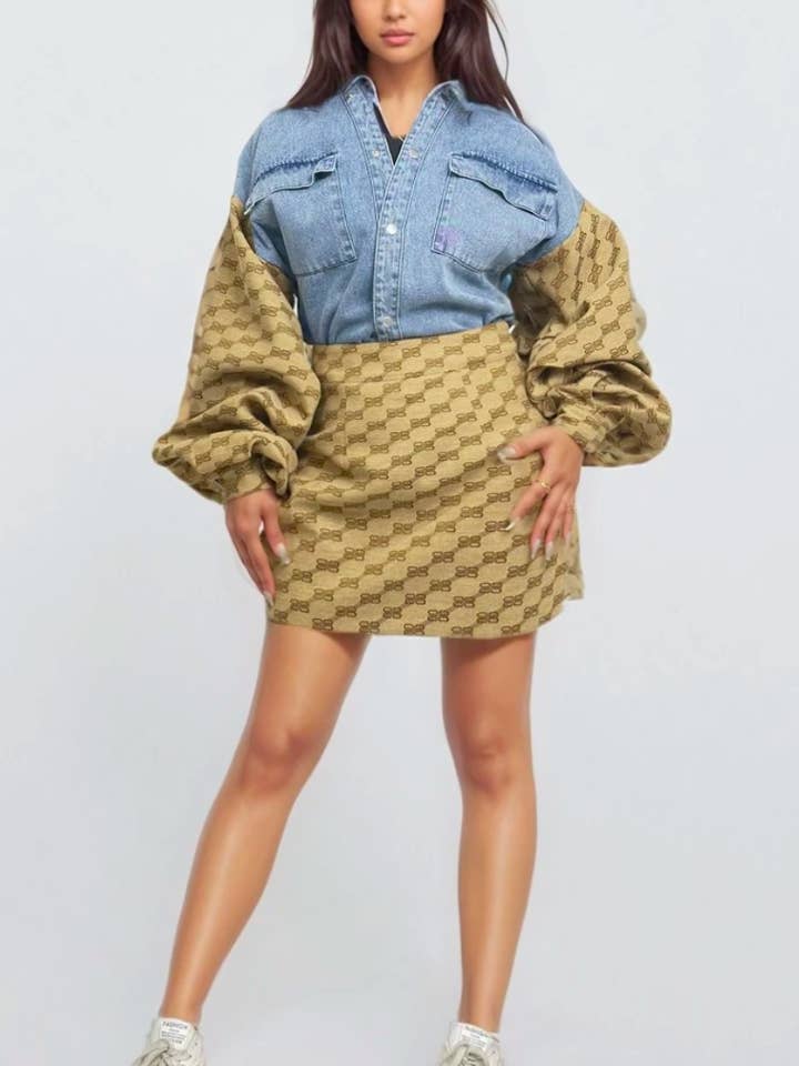 PLUS SIZE Denim & Monogram Puff Sleeve Two-Piece Set for wholesale by Athina Collection