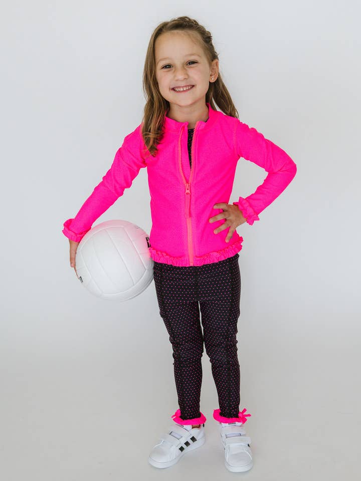 Rosa Flickor Neon Magenta Aktiv Jacka med Full Dragkedja och Volanger för wholesale på Faire3