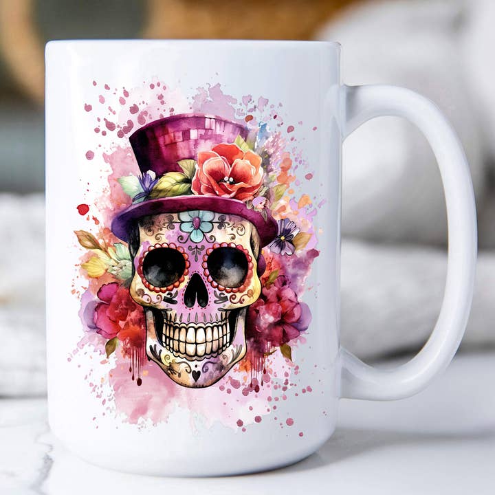 Kaffeebecher mit Aufschrift „Day of the Dead Sugar Skull“ für den Großhandel von Avery Lane Gifts