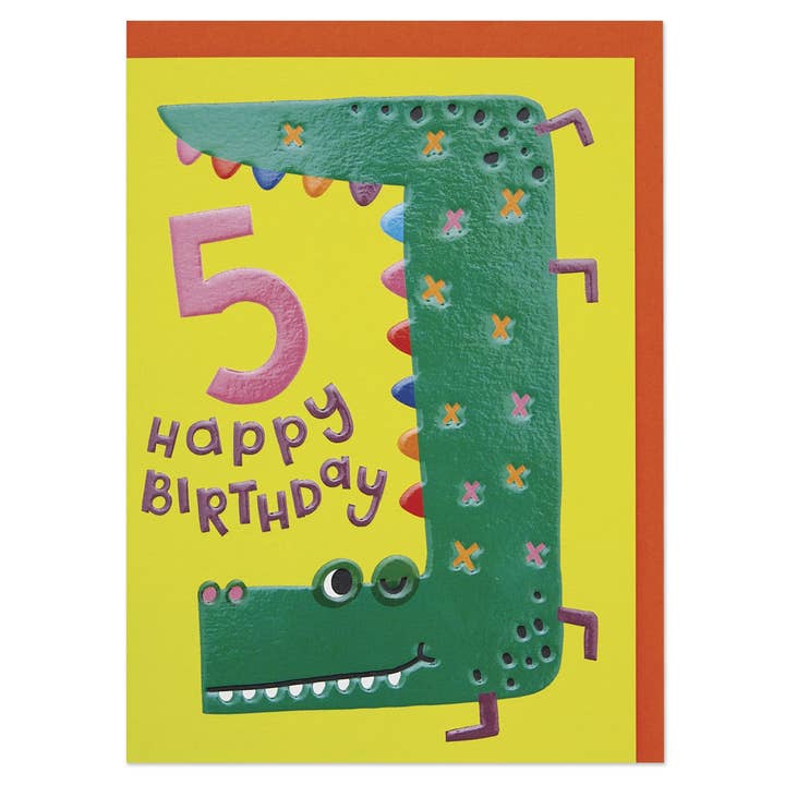 Raspberry Blossom – wholesale Birthday card – Age 5 Card - Happy Crocodile Design (ZPD05)