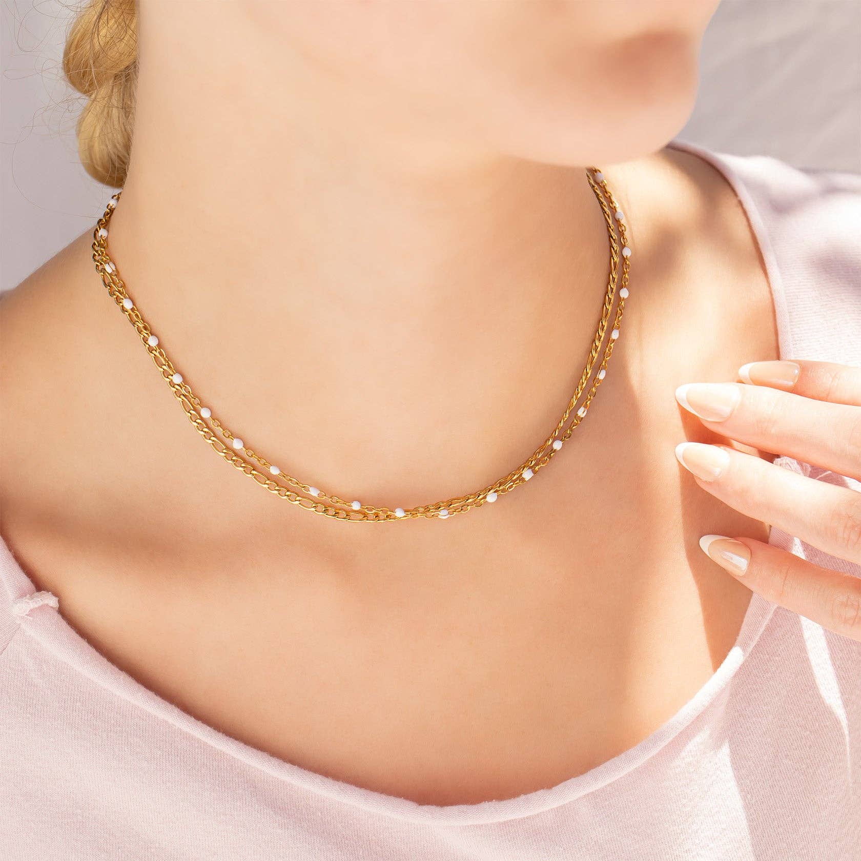 WJW - Wholesale Link & Chain Necklace - 18K Gold PVD Stainless Steel White Confetti Chain Necklace10