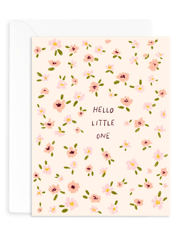 Hello Little One Flowers Card | Greeting Card for New Baby Girl Shower | Hand-Drawn Design | A2 Blank Inside for wholesale by This Little Paper Shop