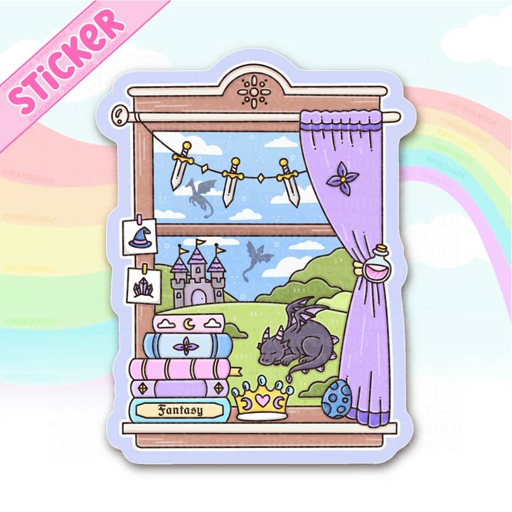 Fantasy bookish window pastel sticker for kindle, dragons for wholesale by RoroDesignsLove