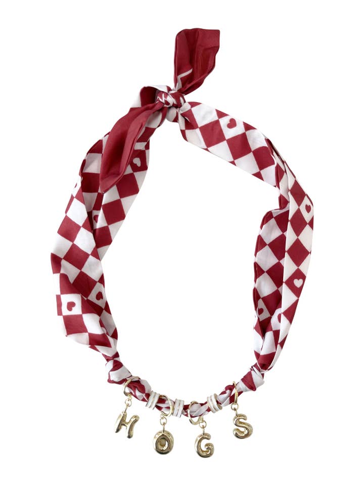 Light Maroon Game Day Bubble Letter Scarf Necklace for wholesale by Gemelli