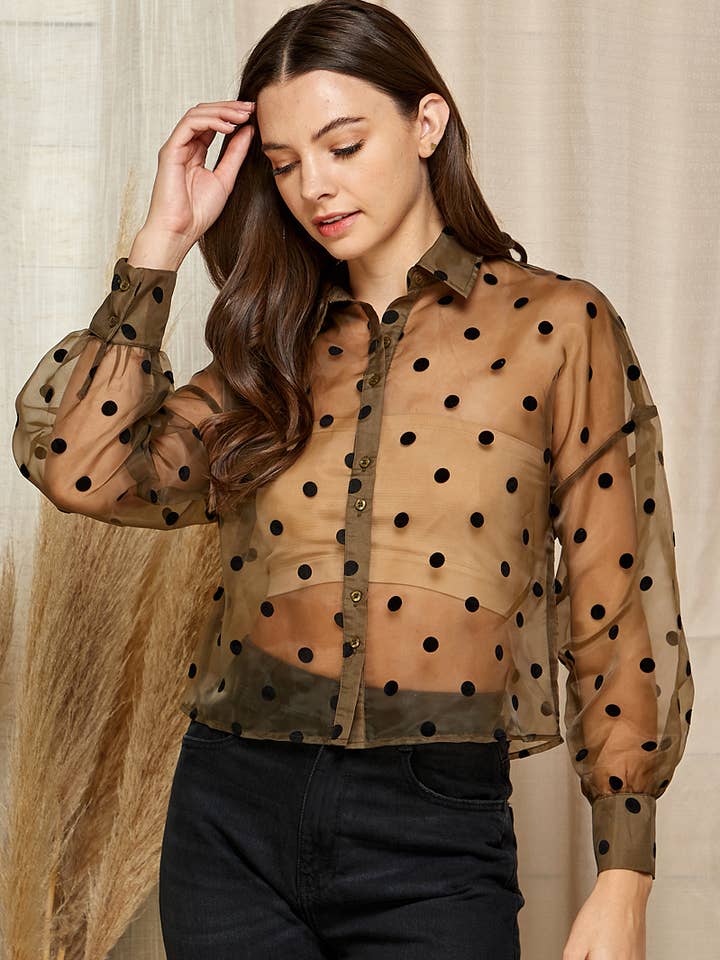 OLIVE ORGANZA POLKA DOT BUTTON DOWN LONG SLEEVESTOP AVB51324 for wholesale by Stylish Wholesale