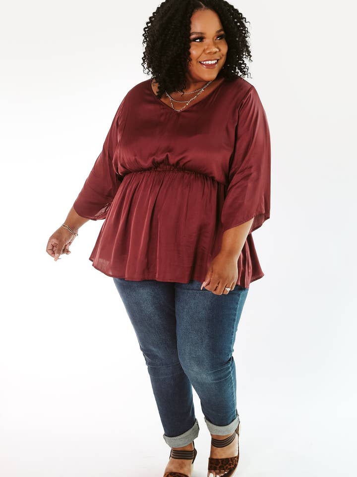 Darling Moment | Top con maniche a palloncino vino L-6X per la vendita all'ingrosso da parte di Glitzy Girlz