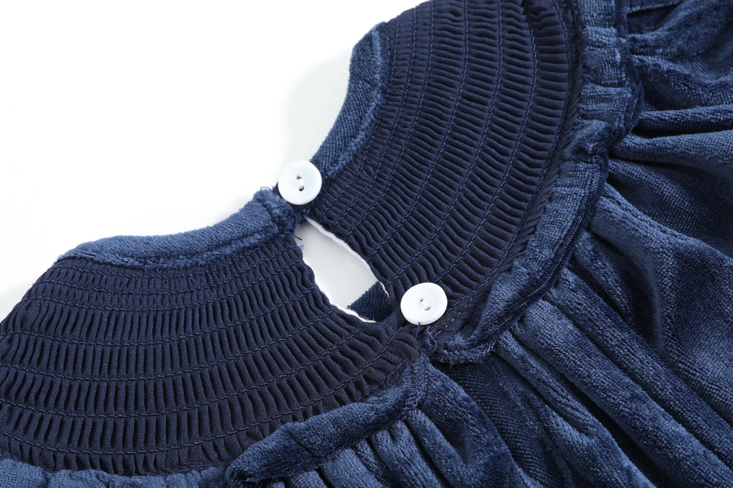 Lil Cactus - Wholesale Dress - Kids - Blue Velvet Silver Bows Smocked Ruffle Bishop Dress5