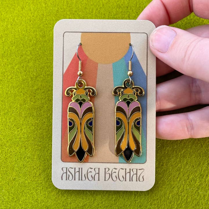 Enamel Earrings - Art Nouveau Beetles Warm Tone for wholesale by Ashlea Bechaz Illustration