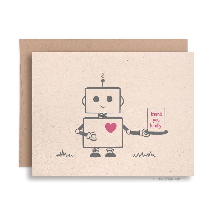 Robot Thank You Card, Brown Recycled Card for wholesale by Happy Dappy Bits