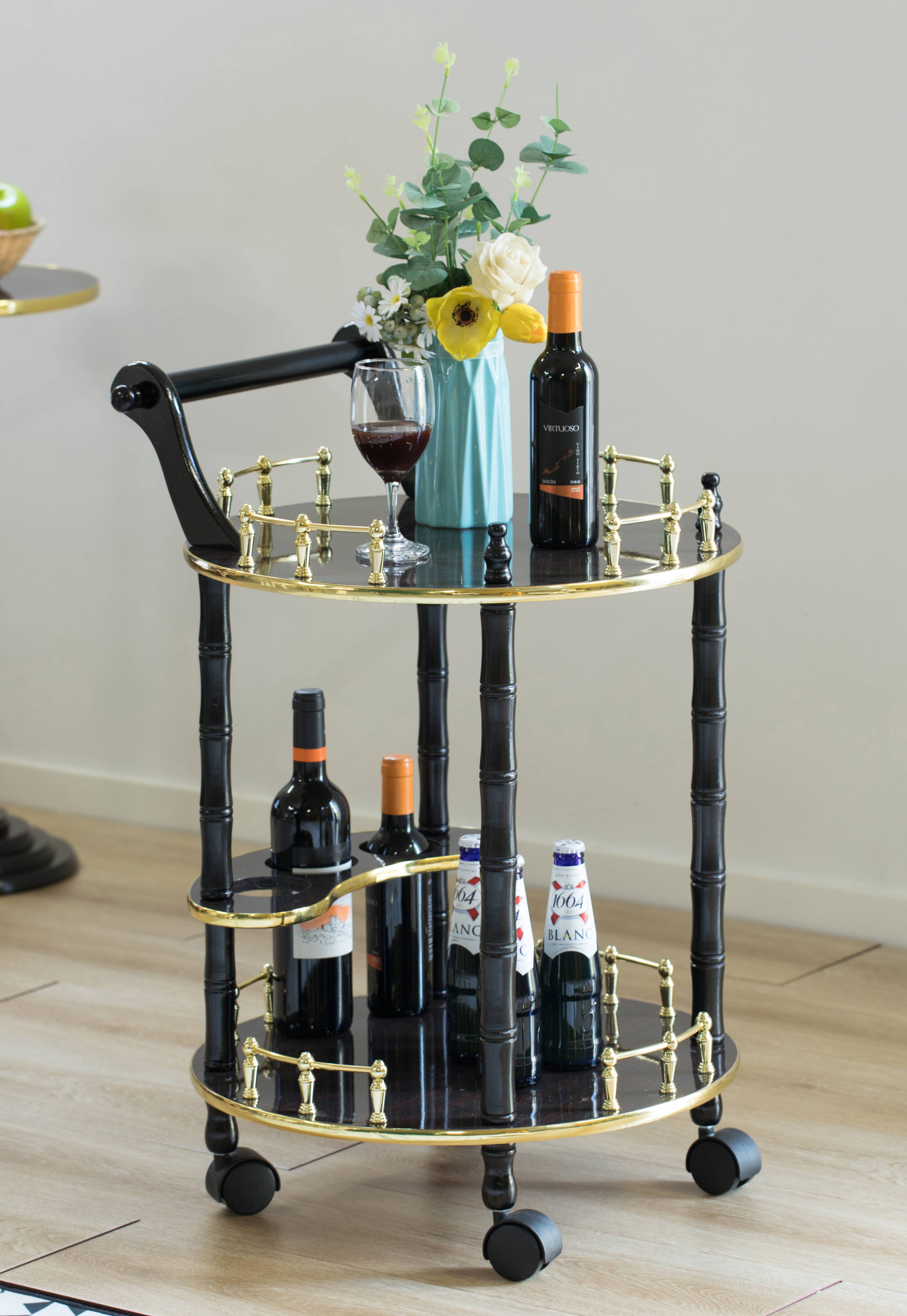 Quickway Imports - Venta al por mayor Carritos de bar - Carrito de servicio redondo de madera con dos estantes9