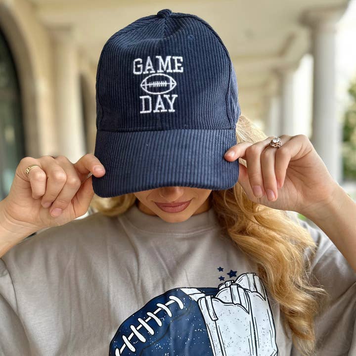 Live Love Gameday® - Wholesale Baseball Cap - Women's - Navy Embroidered Corduroy “GAME DAY” Football Cap