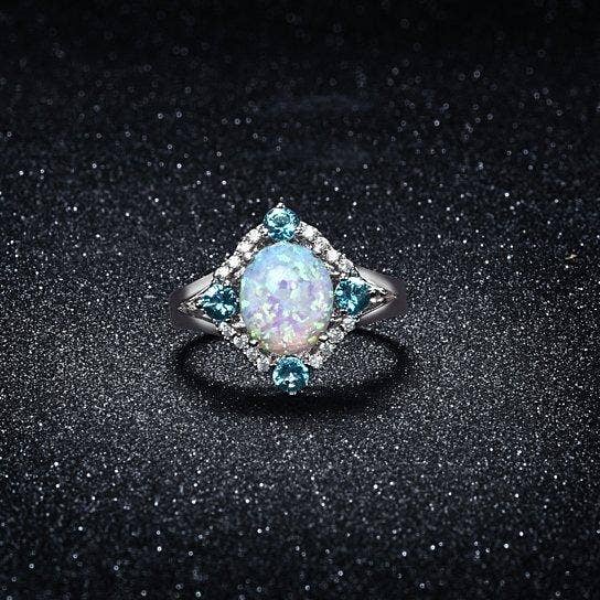 Aquamarine Opal Ring Set in 18K White Gold for wholesale by Golden NYC Jewelry