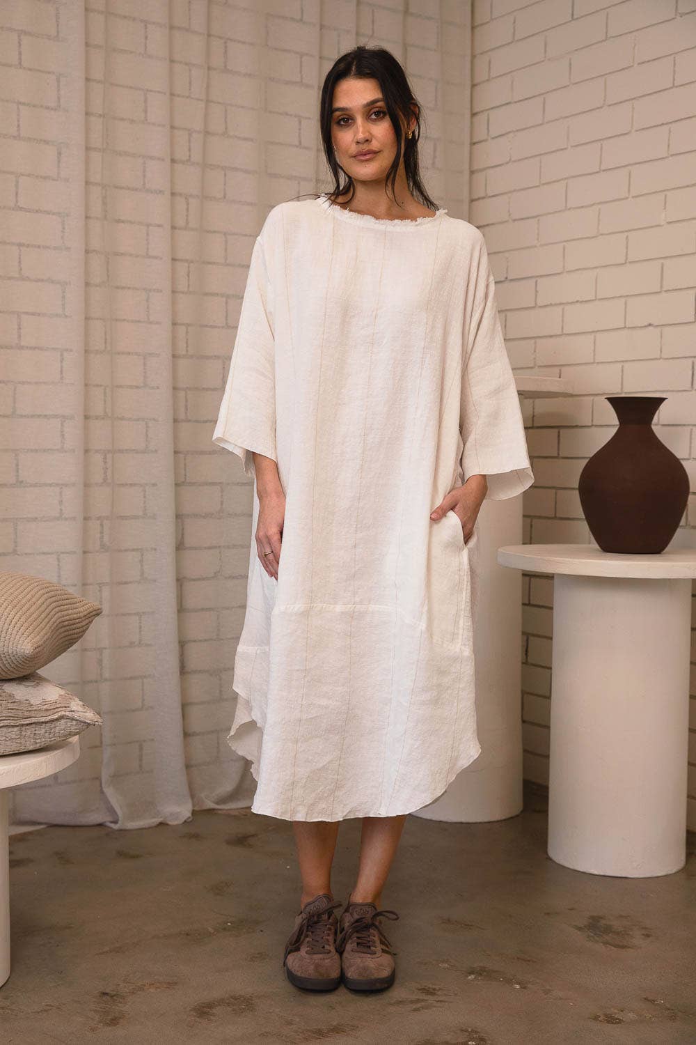 The Carter Malle Linen Dress - Off White w' Nutmeg for wholesale on Faire3