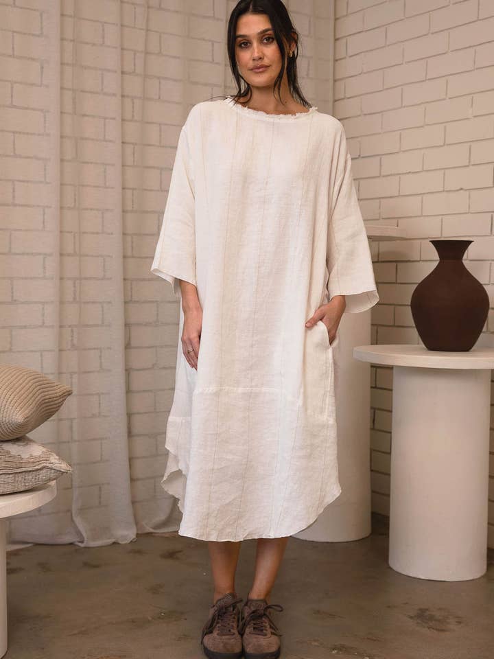 The Carter Malle Linen Dress - Off White w' Nutmeg for wholesale on Faire3