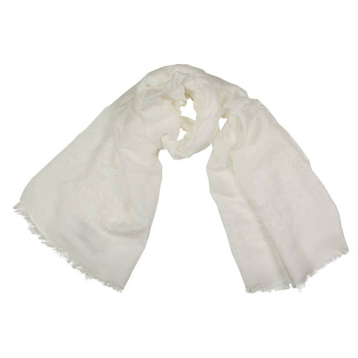Hand-embroidered linen and modal scarf in white for wholesale by Shirin Sehan