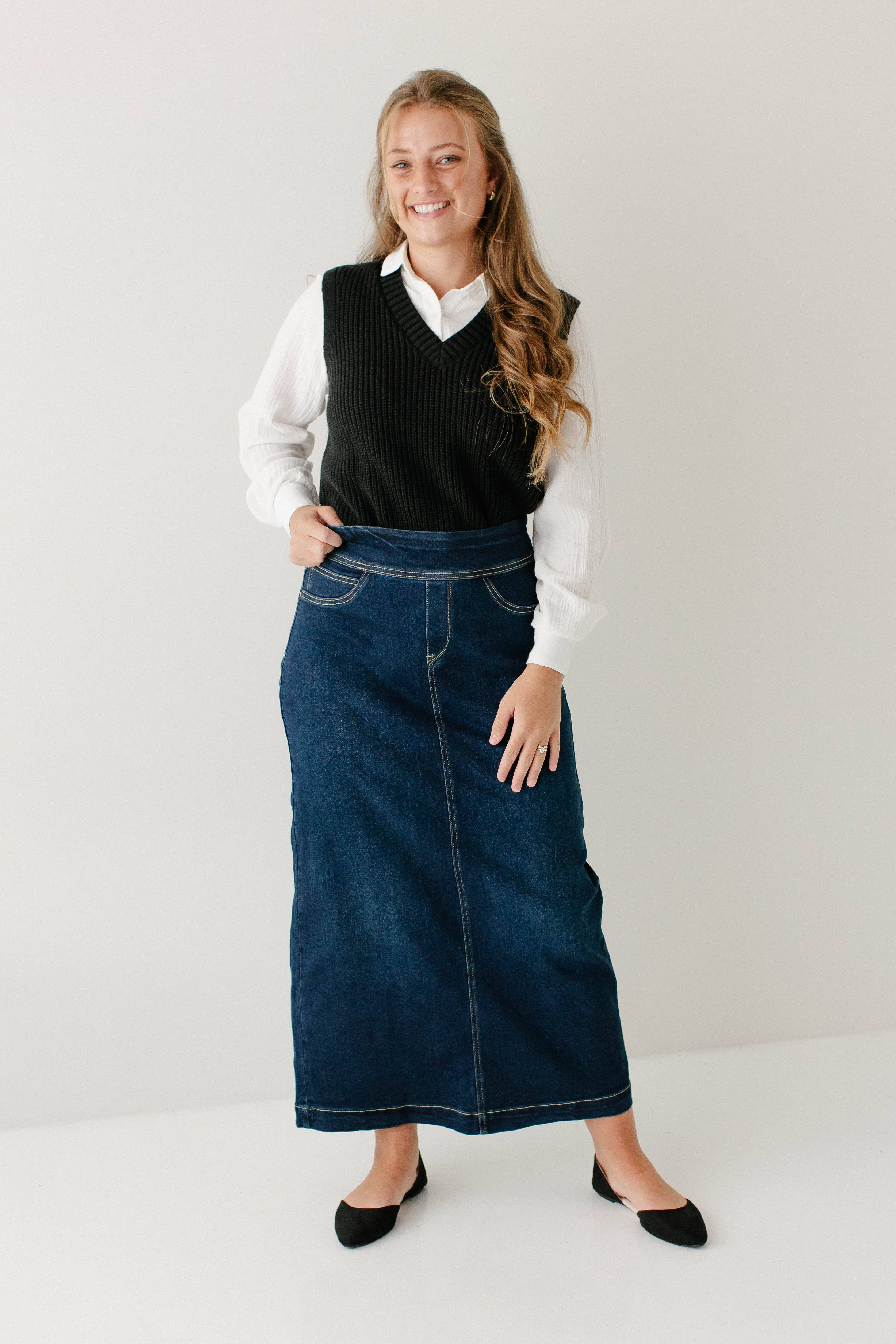 The Main Street Exchange - Vente Jupe – femme - Jupe longue en jean classique 'Sara' en délavé foncé4