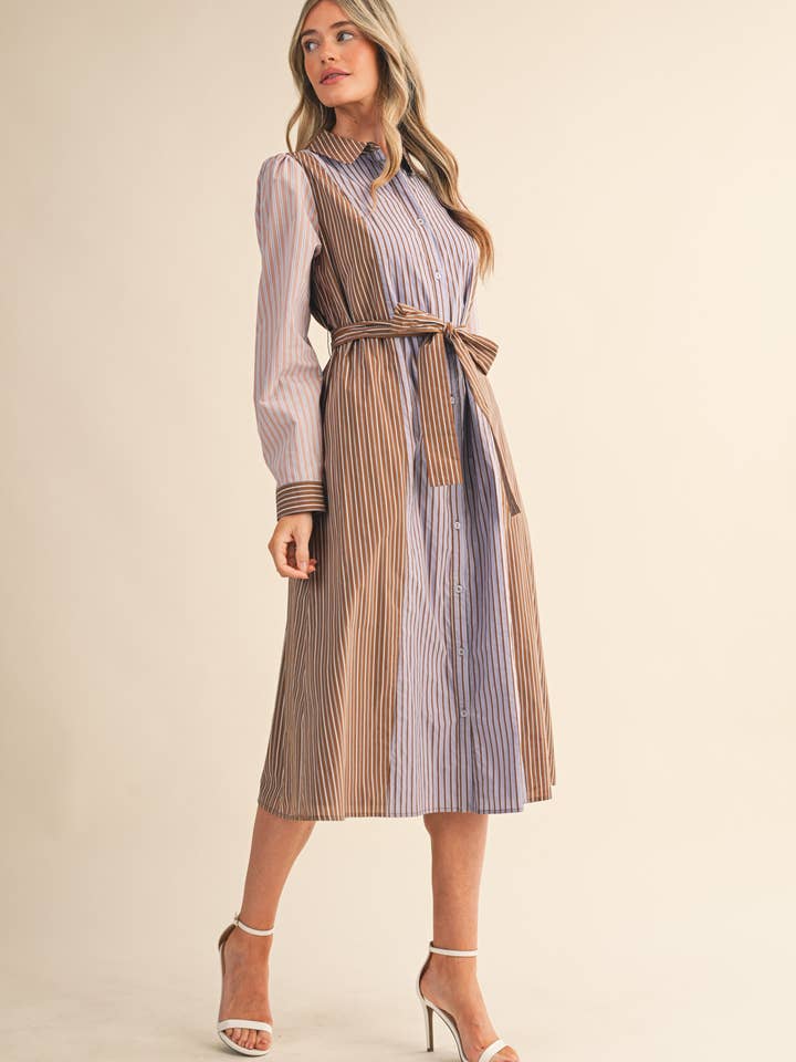 COCOA BLUE MULTI MIXED STRIPE BELTED BUTTON DOWN MIDI DRESS MDR4303 for wholesale on Faire6