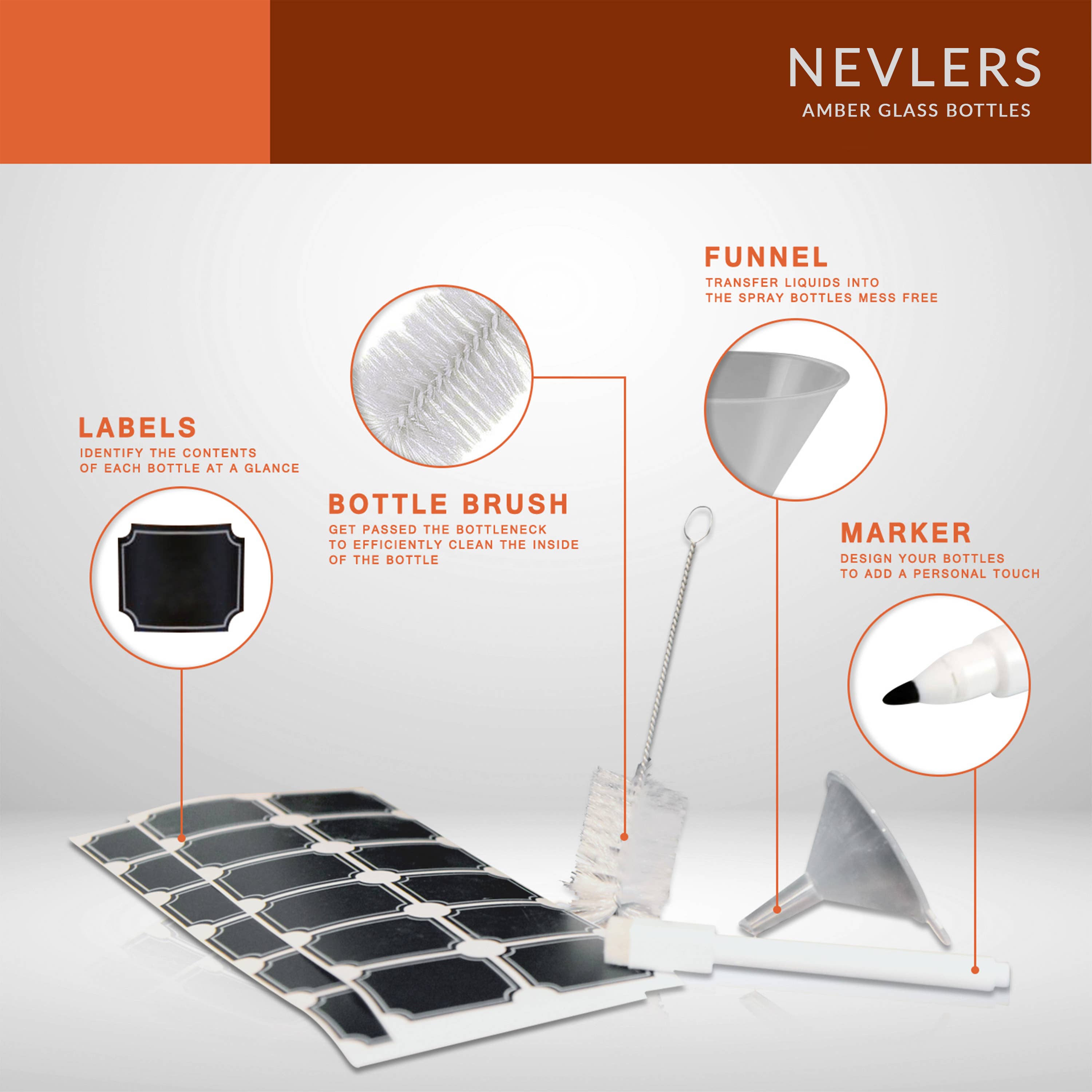 Nevlers - Wholesale Jar - Amber Glass Leak Proof Bottles with Twist Caps - 8oz (18pk)7