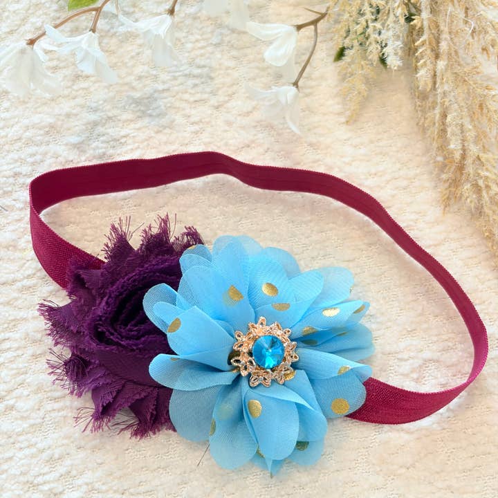 Baby blue chiffon headband, plum shabby chic headband for wholesale by Jazy and Eve