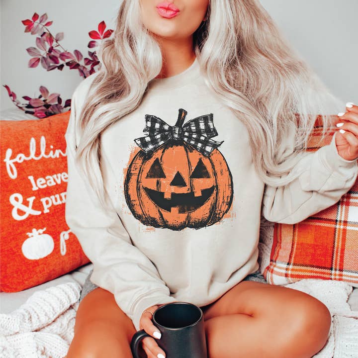 Plaid Jack-O-Lantern Pumpkin Fall Graphic Sweater for wholesale by Southern Attitude Designs Inc