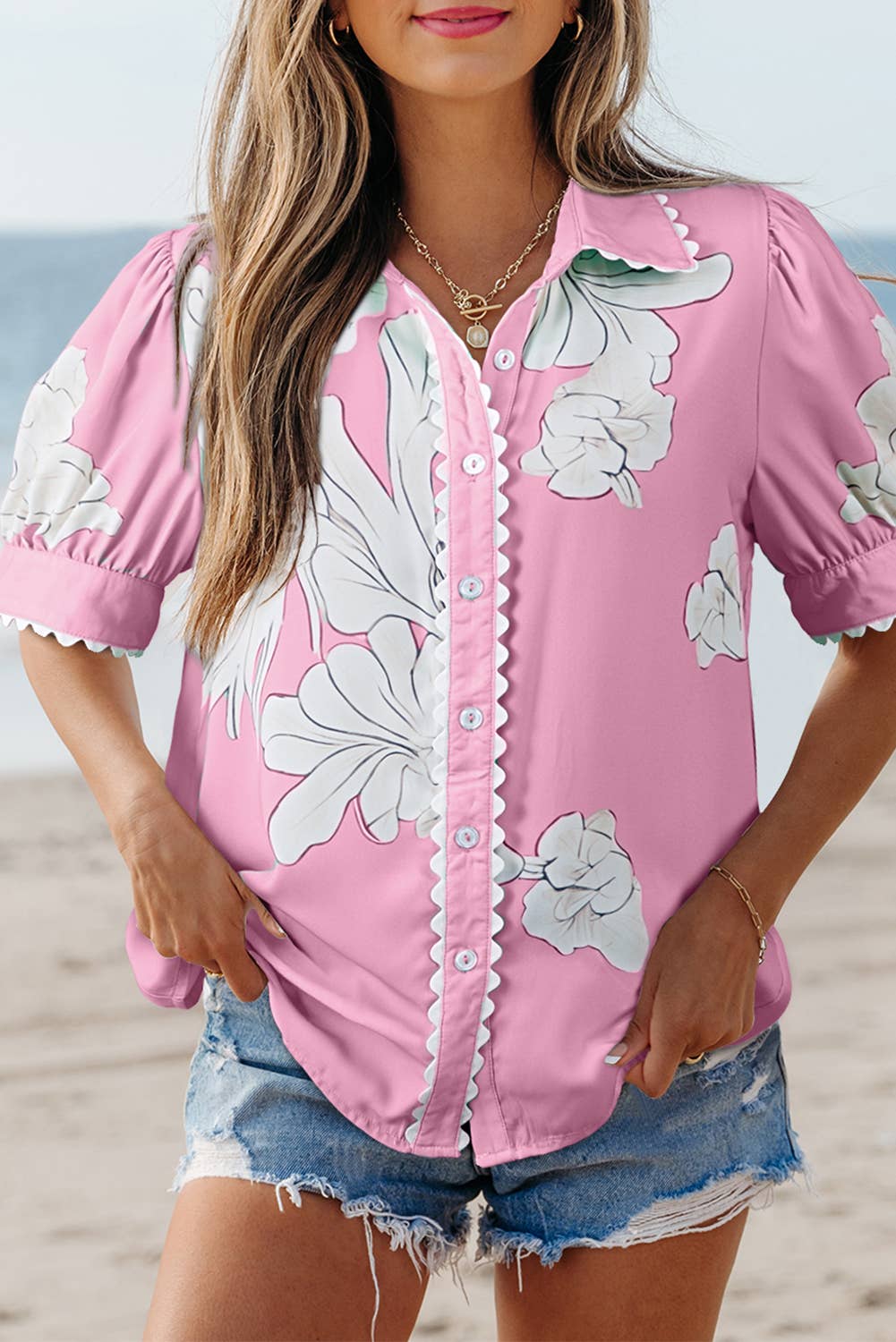 Aapparella - Vente Chemise à col boutonné – femme - Haut à boutons avec manches bouffantes et bordure en croquet floral | S-XL6