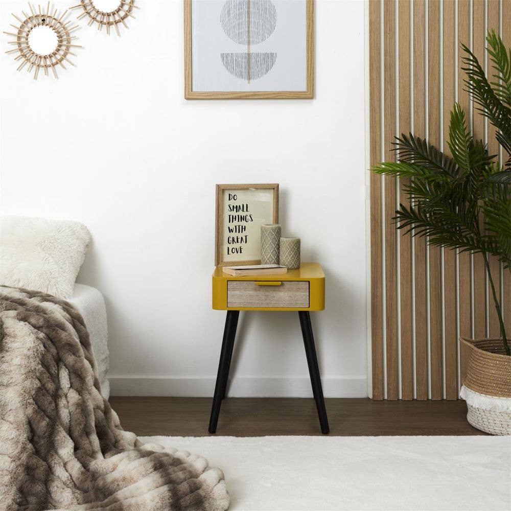 Housse De Rêve - Wholesale Bedroom Furniture - Mustard yellow wooden bedside table with 1 drawer2