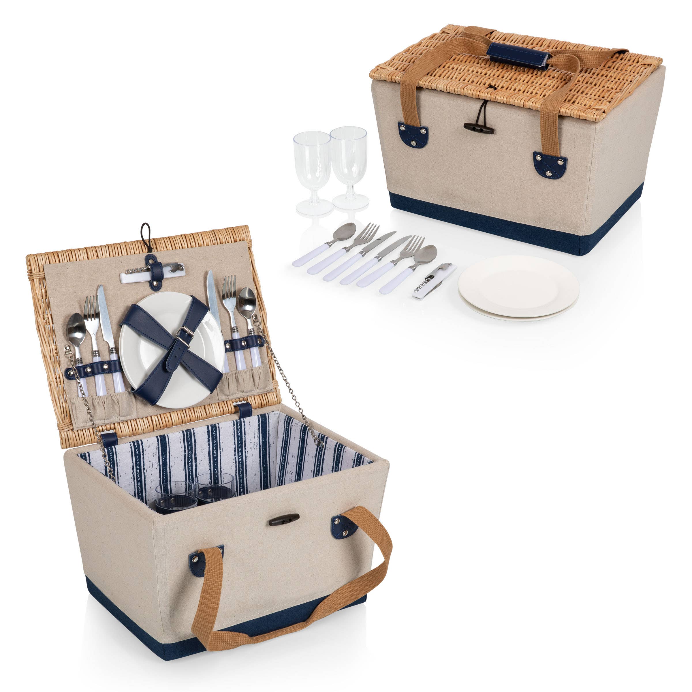 Beige Canvas with Navy Blue Accents Boardwalk Picnic Basket for 2 for wholesale on Faire6