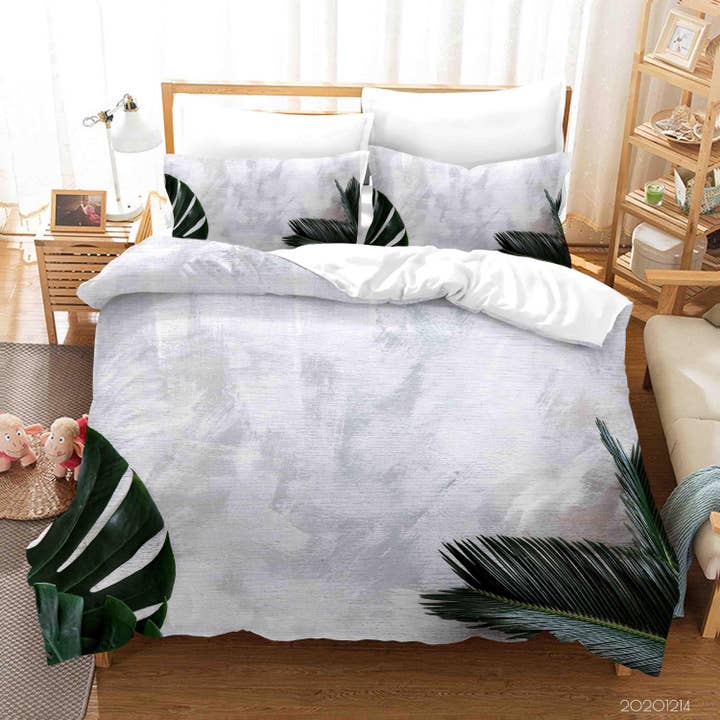 Ensemble de literie housse de couette avec feuilles de palmier vertes en relief 3D, housse de couette, taies d'oreiller LXL pour la vente par Jess Art Decoration