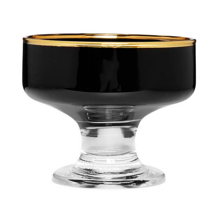 Set van 6 zwarte dessertbekers met heldere steel en gouden rand voor wholesale door CLASSIC TOUCH DECOR INC.