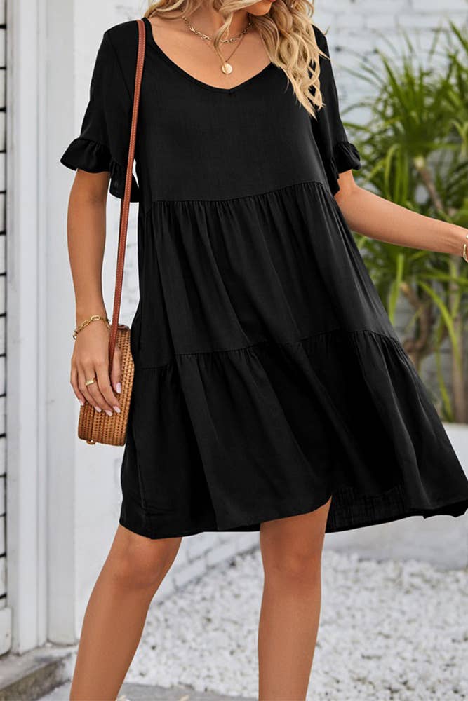 UNISHE - Vendita all'ingrosso Vestito - Donna - Abito A Balze Con Volant Con Scollo A V Semplice E Tasche MD0381