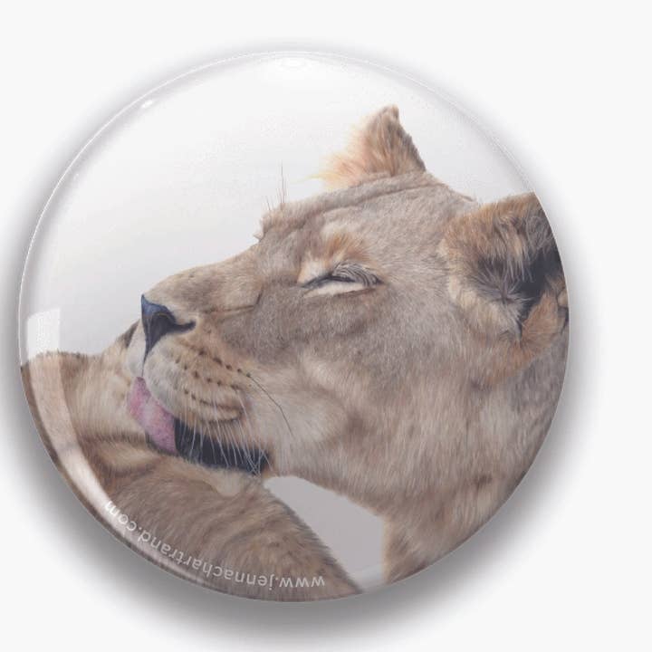 "Pride" Lioness and Cub 44mm Round Magnet for wholesale by Jenna Chartrand Coloured Pencil Fine Artist