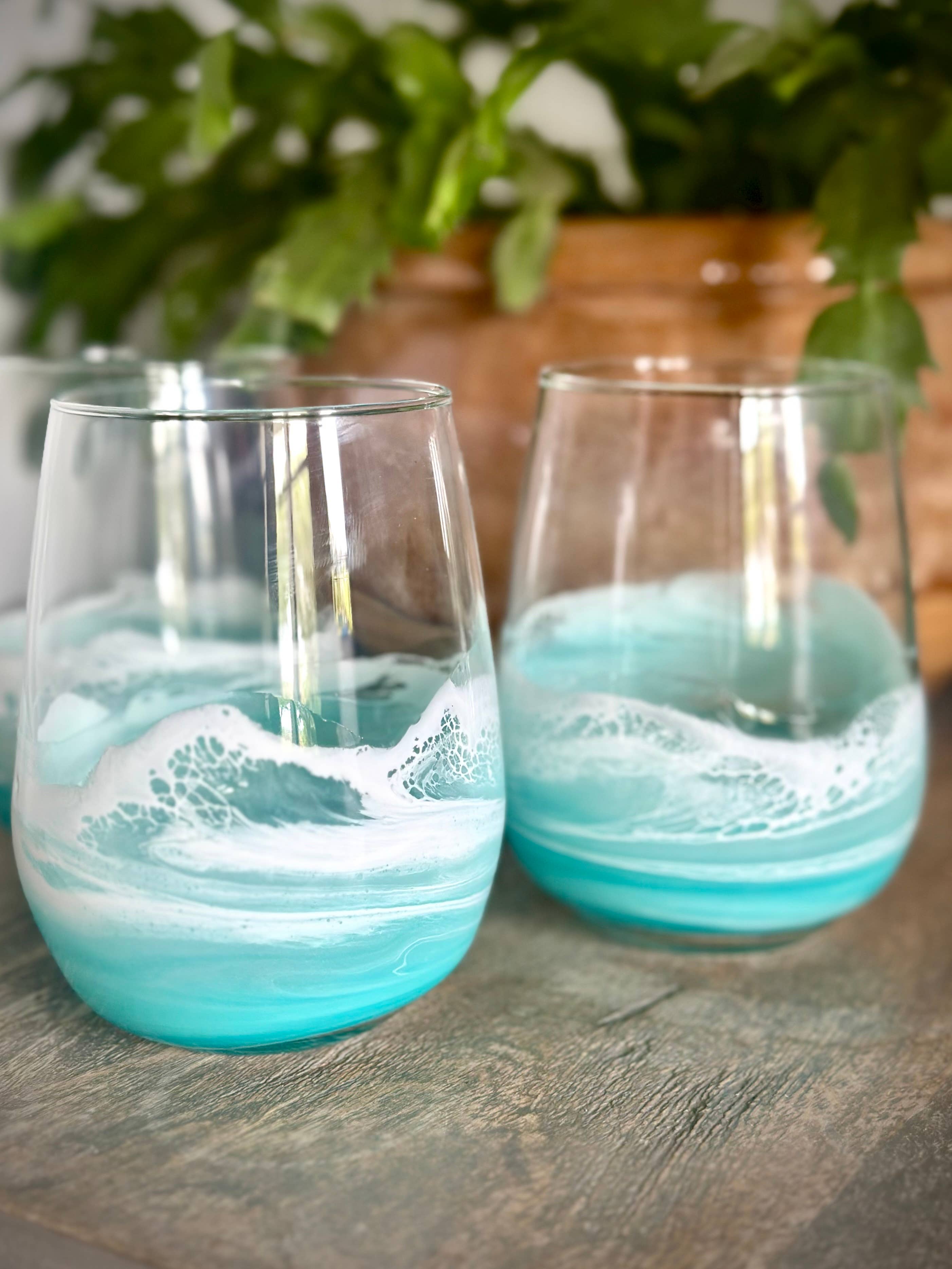 Artful Nests - Wholesale Wine Glass - Stemless Wine Glass with Resin Waves - Light Teal 3