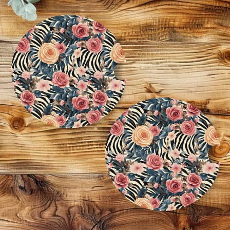 Juego de posavasos para coche de neopreno con estampado de cebra y rosas para venta al por mayor de Prairie Chicken Sticker Shop & Gifts