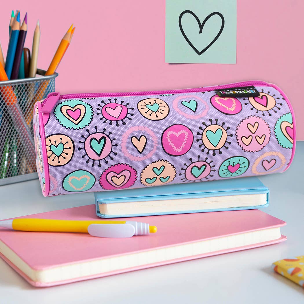 Powell Creative Products Ltd – wholesale Pencil case/pouch – Pencil Case For Girls and Kids Hearts Lilac Pencil Barrel1