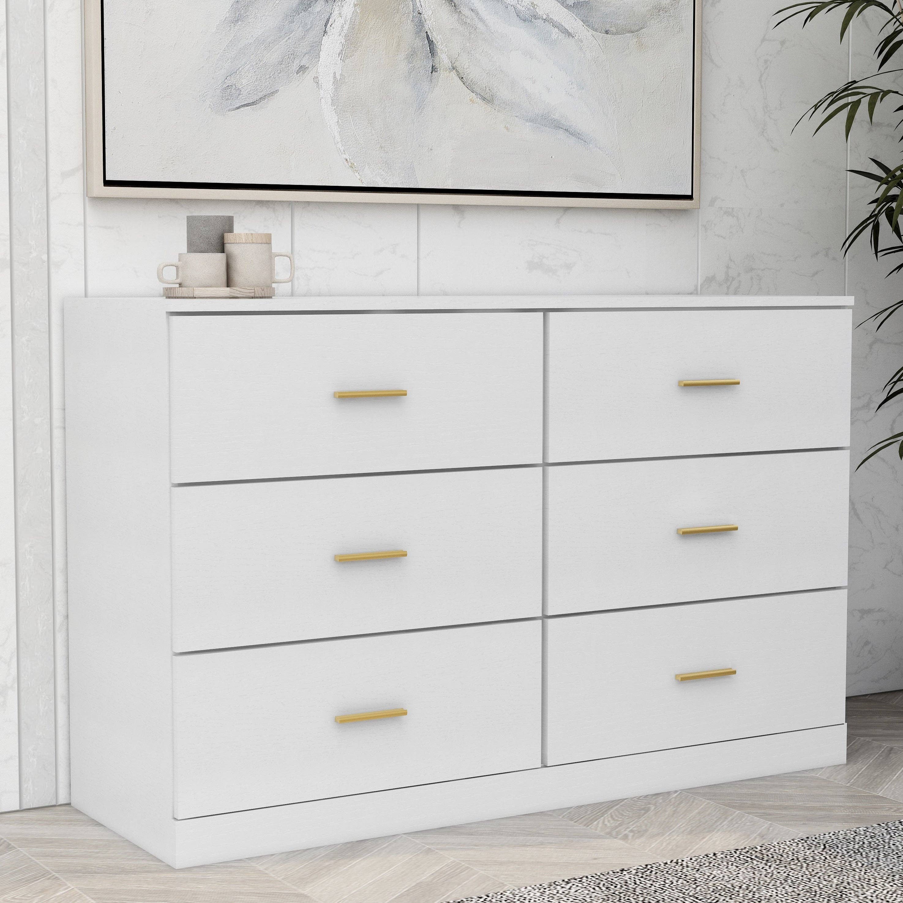 Orange County Decor - Wholesale Bedroom Furniture - Modern White 6 Drawer Dresser For Bedroom Large Storage Wide Chest Of Drawers, Sturdy & Safe Chest 5 Or More Drawers Whitewash Antique White Primary Living Space Drawers Included American1