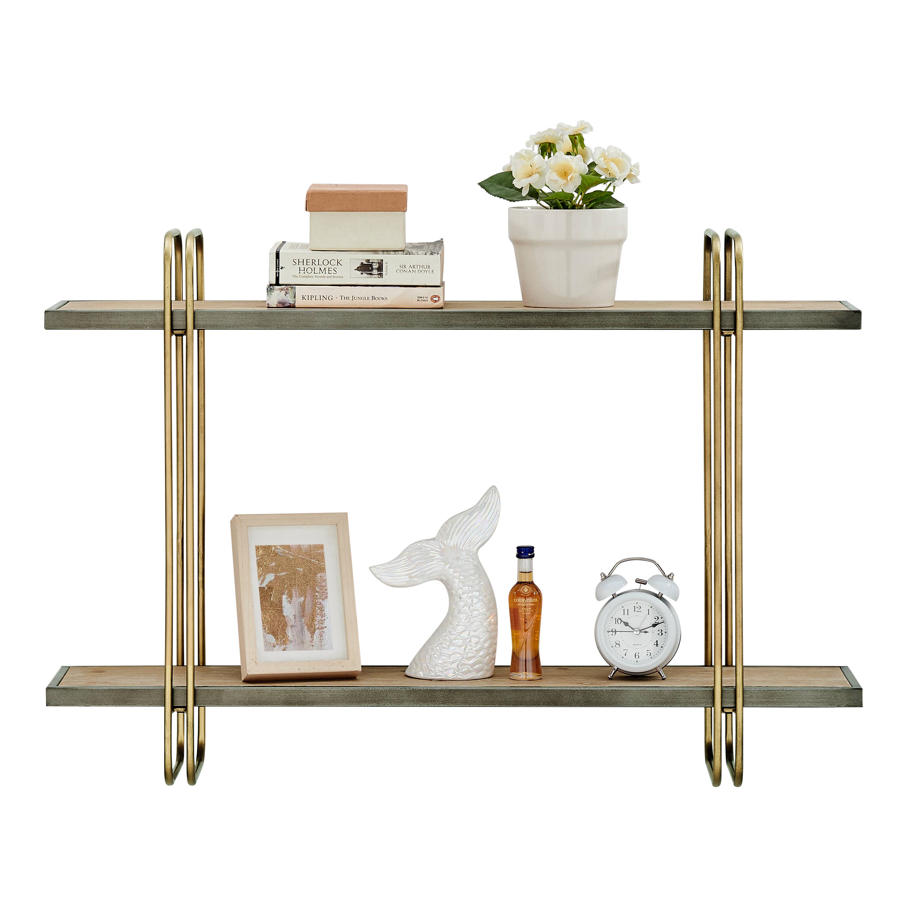 Danya B - Wholesale Wall Mounted Shelf - Danya B. Two-Tier Warm Gold and Washed Oak Brown Wall Shelf5