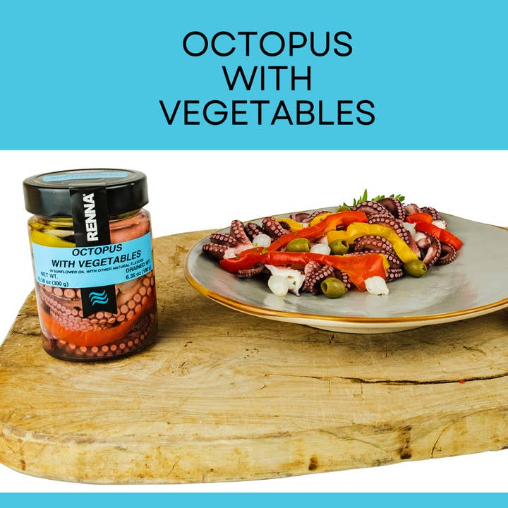 Wholesale Italian Food - Wholesale Tinned Fish - Renna, Octopus With Vegetables preserved in oil (10.58 oz), Premium Imported Canned Seafood, Mediterranean flavor, Product of Italy
