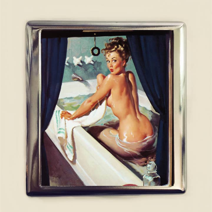 Pin Up Bath Cigarette Case Business Card ID Holder Wallet Pinup Girl Bathing Retro 1950s for wholesale by FringePop