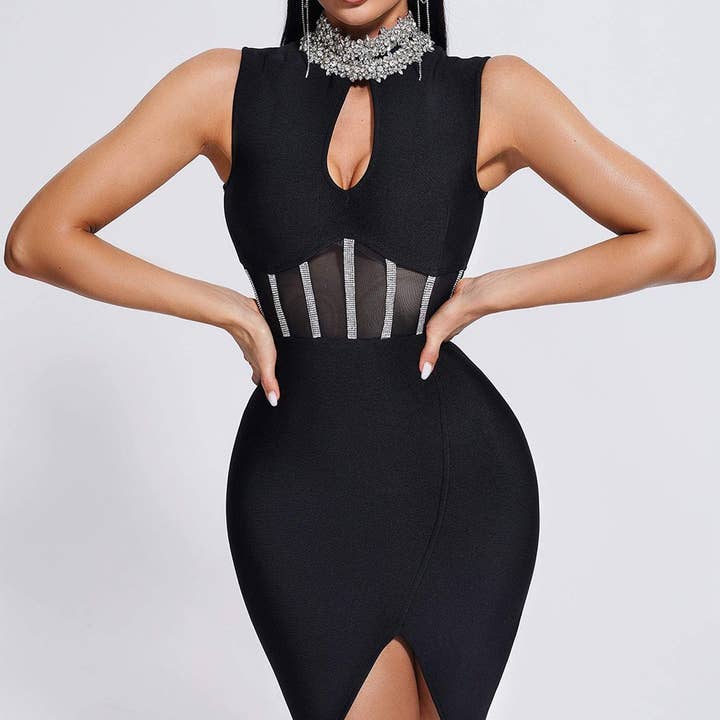 DR356 High Collar Diamond Mesh Front Slit Bandage Dress for wholesale by Productseeker
