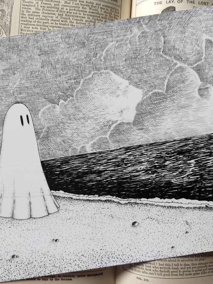 Ghost on a Lonely Beach Art Print for wholesale by Jon Turner Illustration
