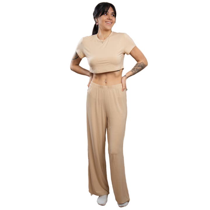 Camille Nude Crop Top & Flowy Pant Set for wholesale by Cozy Ups