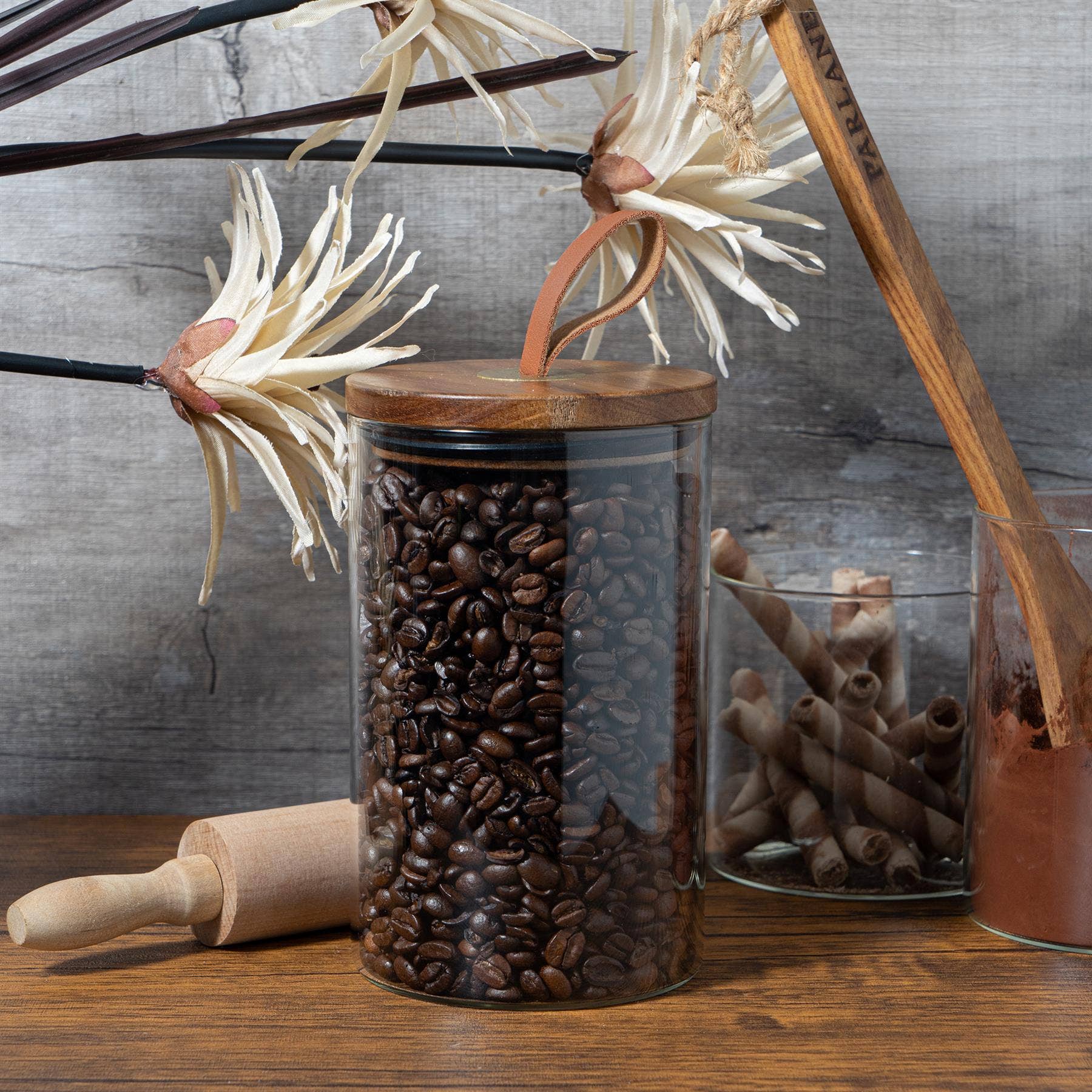 Rinkit Ltd – wholesale Food storage container – Argon Tableware Wooden Storage Jar Lid - Leather Loop1