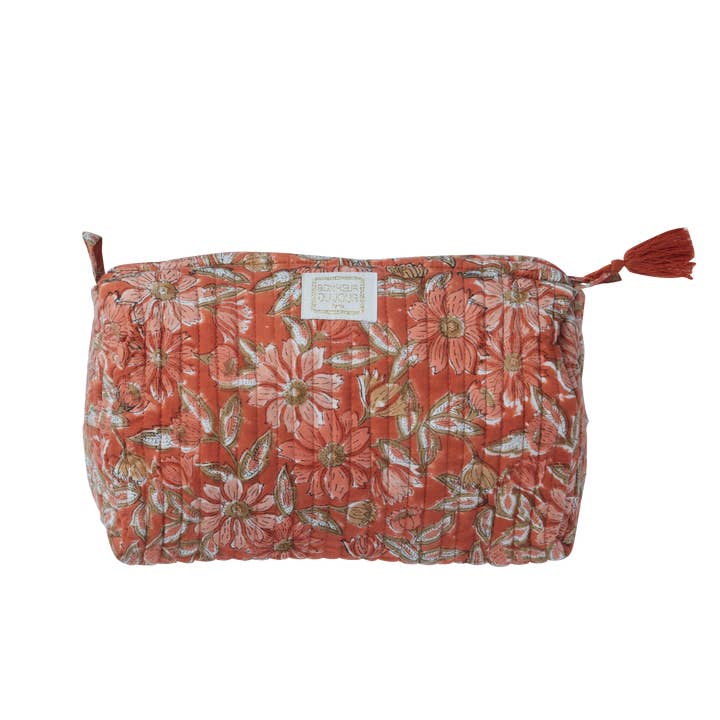 Bonheur du Jour - Wholesale Toiletry Bag - Women's - Meera Terracotta Indian Flowers Toiletry Bag