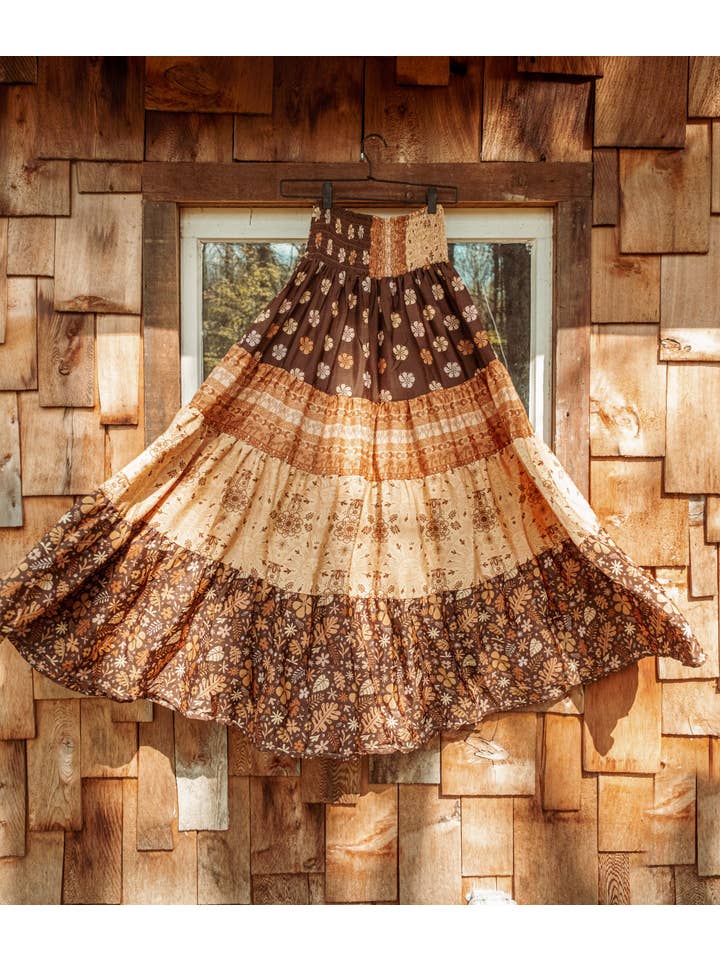 Gardenbelle Shop - Wholesale Skirt - Women's - Bohemian Earthy Print Tiered Maxi Skirt, Hippie Boho Dress