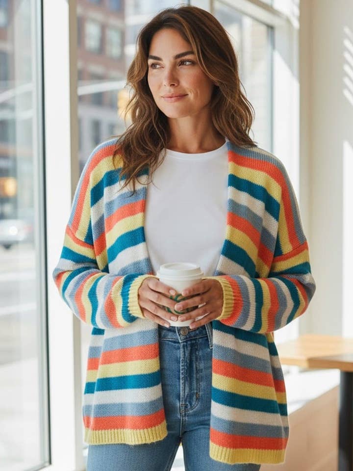 Cardigan ouvert en tricot rayé Aurora-Multi pour la vente par Catwalk Wholesale