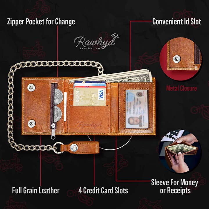 RAWHYD Leather Co. - Wholesale Wallet - Men's - RAWHYD - Trifold Chain Wallet - Full Grain Leather - 10.5” x 4.5”