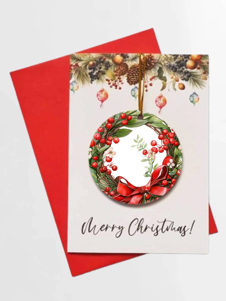 Merry Christmas Holly Wreath Card + DETACHABLE BAUBLE for wholesale by Homemade Hollydays Wholesale