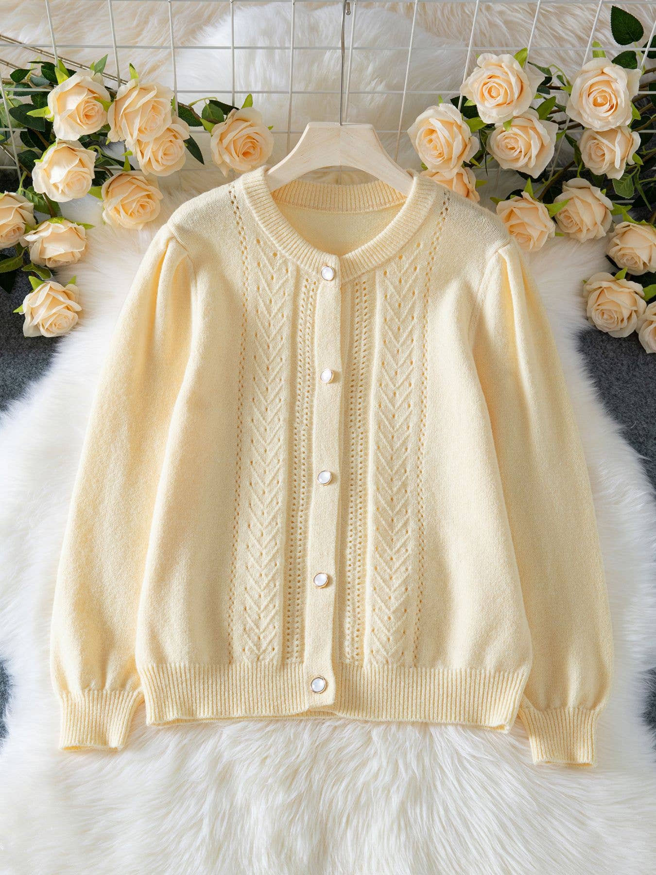 Beige Elegant Button Detail Crochet Hollow Cardigan for wholesale on Faire0