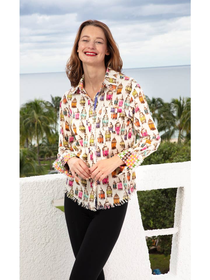 Dizzy-Lizzie - Wholesale Button Down Shirt - Women's - Cape Cod Tunic Moroccan Lantern Print Linen Cotton